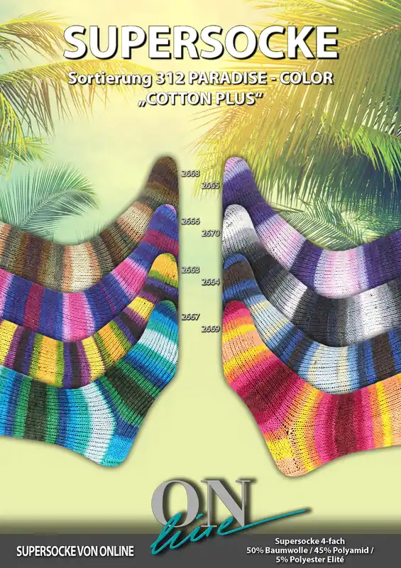 Handgefertigt ONline Supersocke Sort. 312 Paradise-Color 100g Cotton Plus
