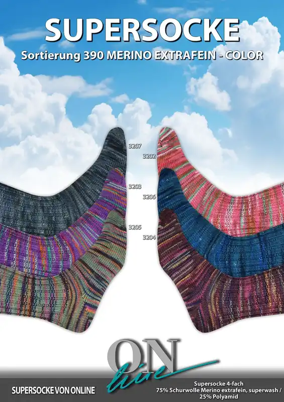 ONline Supersocke Sort. 390 Merino Extrafein Color 100g Handgefertigt