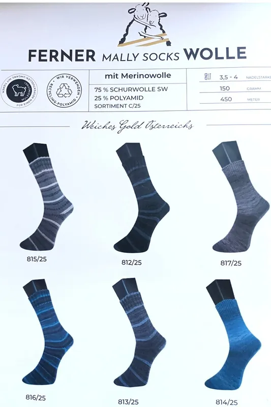 Handgefertigt Ferner Wolle Mally Socks 6-fach Merino 2025