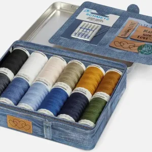 Mega-Angebot Denimgarn-Box mit Jeansnadeln & Kunstleder-Label