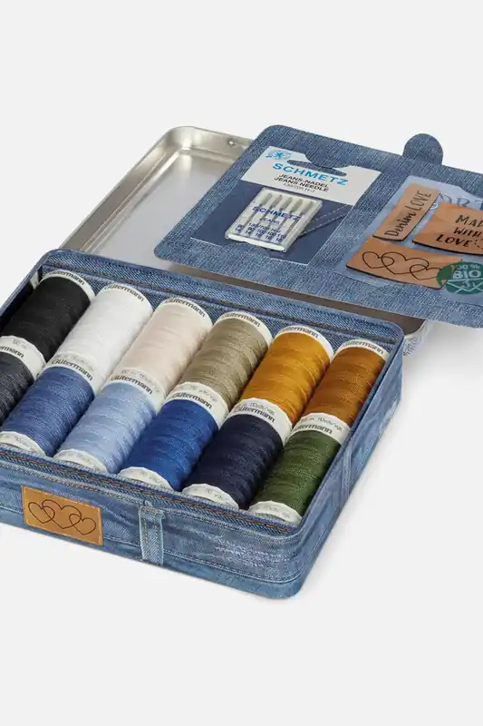 Mega-Angebot Denimgarn-Box mit Jeansnadeln & Kunstleder-Label