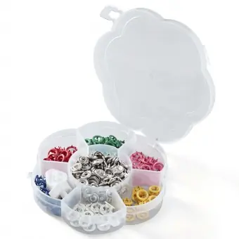 Buntes Sortiment in Blumenschatulle – 60 Jersey Nähfrei Druckknöpfe 8mm – silber – PRYM Metalldruckknöpfe Kracherpreis