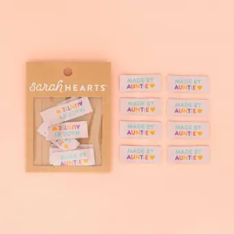 Made by Auntie Woven Labels – Sarah Hearts Webetiketten – Premium Woven Labels – Tied with a Ribbon Limited Edition Abverkauf
