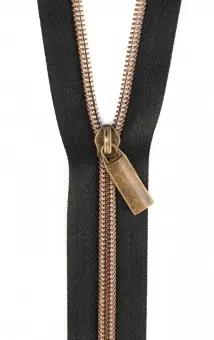 Altgold & Schwarz Endlosreißverschluss & Zupfer – Antique Gold / Black Zipper mit Metallzähnen – Sallie Tomato Aktuell