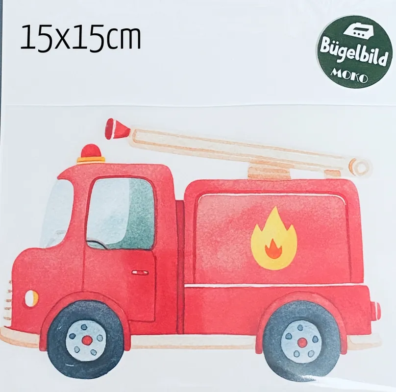 Bestseller Bügelbild großes Feuerwehr Auto rot 15x15cm
