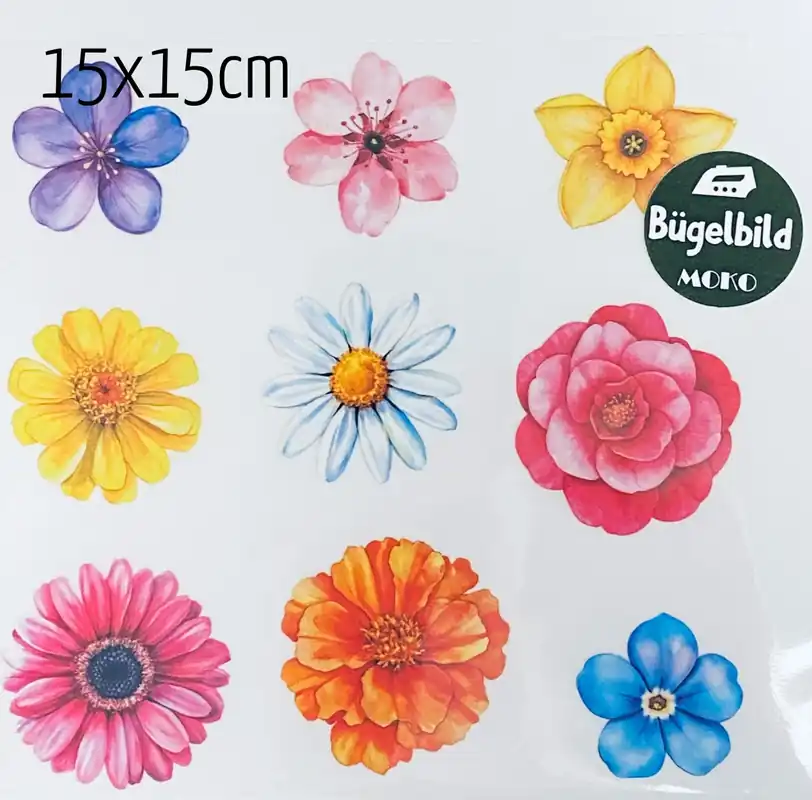 Garantierte Lieferung Bügelbild Set mit 9 Blüten Motiven bunt 15x15cm