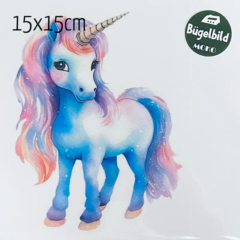 Expressversand Bügelbild großes Einhorn bunt 15x15cm