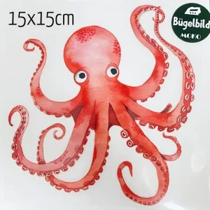 Echt Bügelbild großer Oktopus Tintenfisch rot orange 15x15cm
