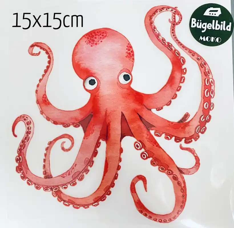 Echt Bügelbild großer Oktopus Tintenfisch rot orange 15x15cm
