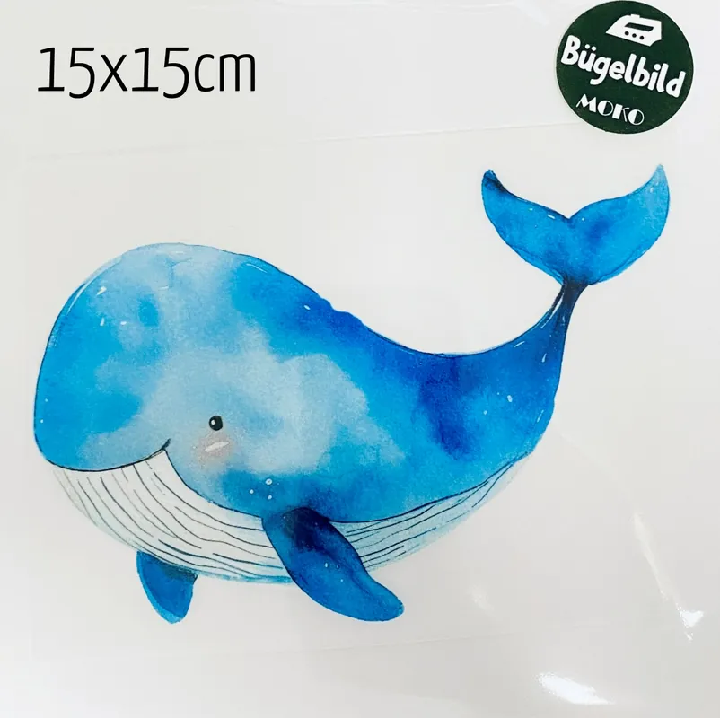 Bestseller Bügelbild großer Wal blau 15x15cm