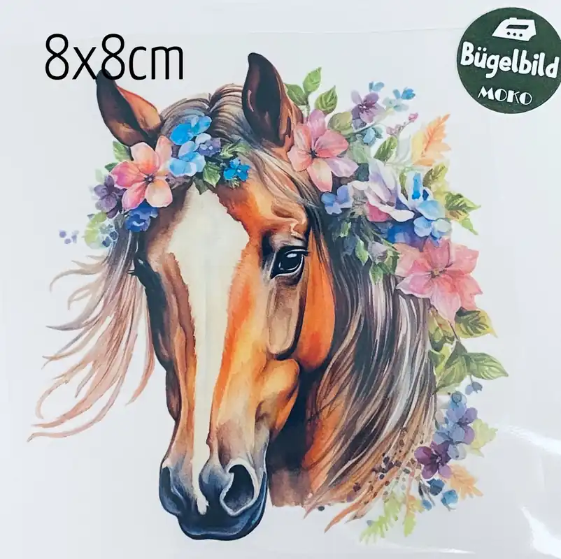 Bügelbild Pferd mit Blüten bunt 8x8cm Direkt Vom Hersteller