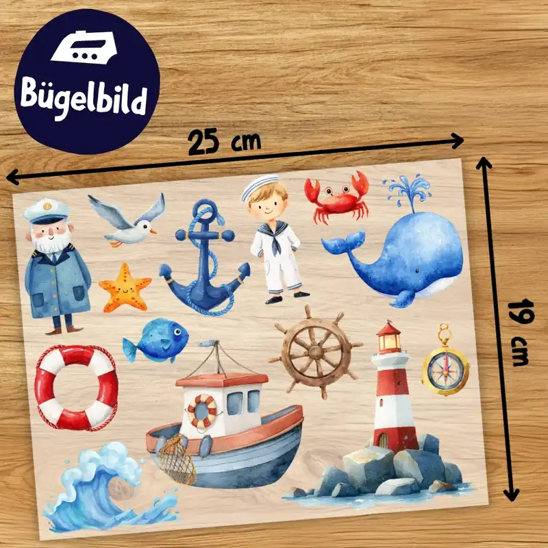 Gleich Bestellen Bügelbilder Set Matrosen maritim 1 Bogen – viele süße Motive zum Aufbügeln für Textilien