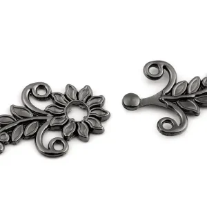 Premium Ornamente Verschluss Blüte gunmetal – Haken Öse Trachten Schließe für Cardigan Tuch & Tasche