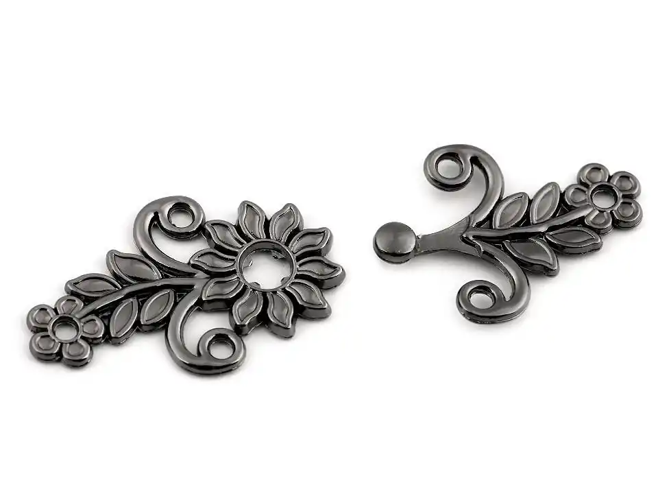 Premium Ornamente Verschluss Blüte gunmetal – Haken Öse Trachten Schließe für Cardigan Tuch & Tasche