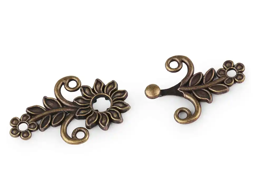 Ornamente Verschluss Blüte altmessing – Haken Öse Trachten Schließe für Cardigan Tuch & Tasche Original