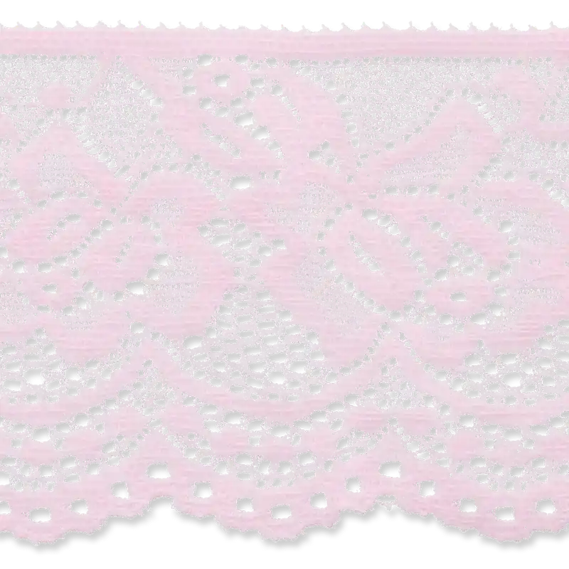 Sonderangebot breite Elastische Spitze mit Blütenmuster in rosa 68 mm breit mit Bogenkante