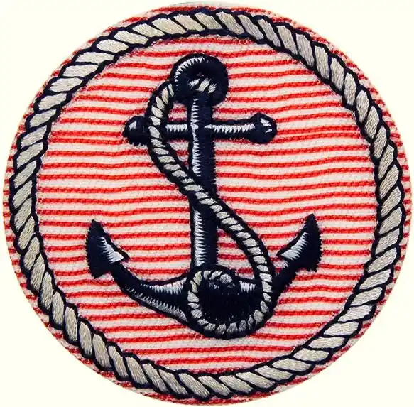 Bügelbild rund maritim mit Anker Tau Streifen rot blau – Applikation zum aufbügeln Markenware
