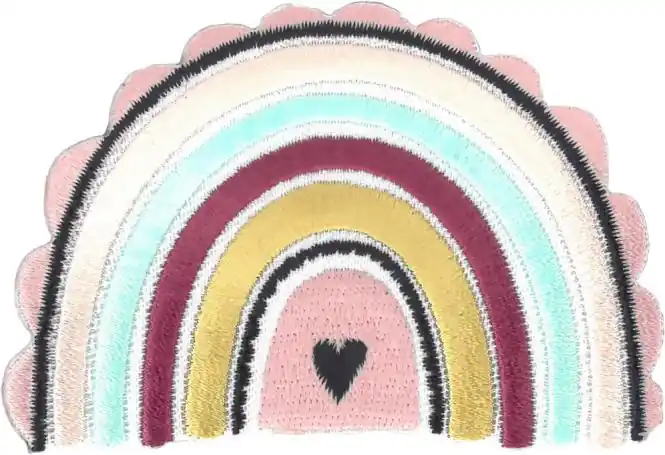 Weltweiter Versand Bügelbild großer Regenbogen mit Herz pastell apricot mint rot gold – Applikation zum aufbügeln