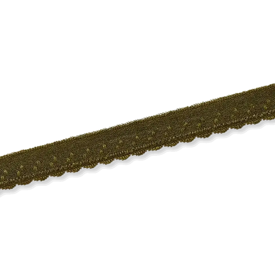 Geld-Zurück-Garantie elastisches Y Einfassband oliv khaki 11mm breit – Einfassgummi mit Spitze Bogenkante