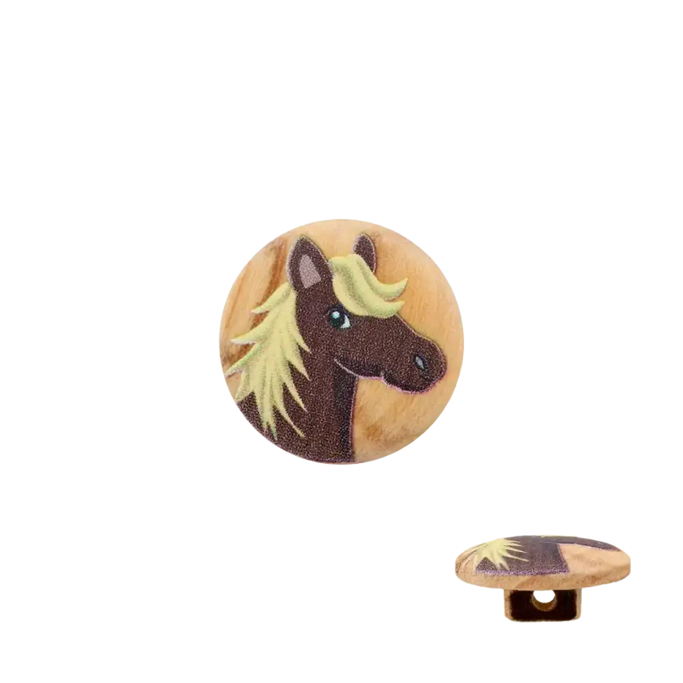 Finale Aktion Pferd braun mit blonder Mähne – kleiner Knopf mit Öse rund aus Holz 15mm waschbar