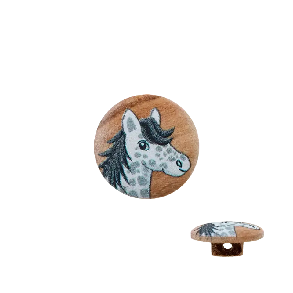 Pferd weiß mit grauer Mähne – kleiner Knopf mit Öse rund aus Holz 15mm waschbar Jetzt Kaufen