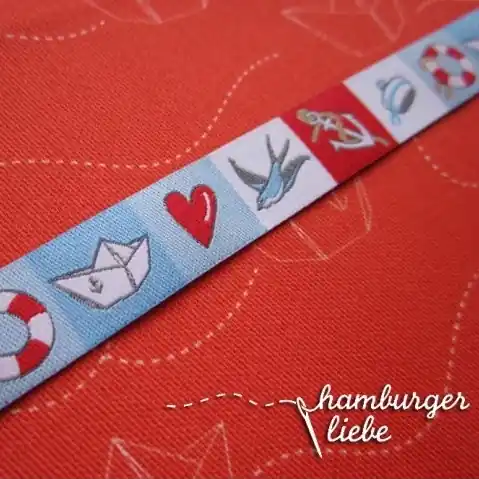 Begrenztes Angebot Webband Matrosen Ahoi hellblau rot – 1,5cm breit von Farbenmix Hamburger Liebe