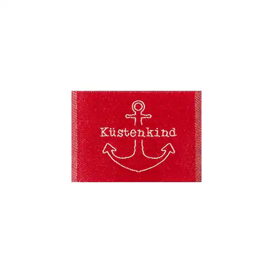 Geld-Zurück-Garantie Webetikett Aufnäher Küstenkind mit Anker rot 3x3cm