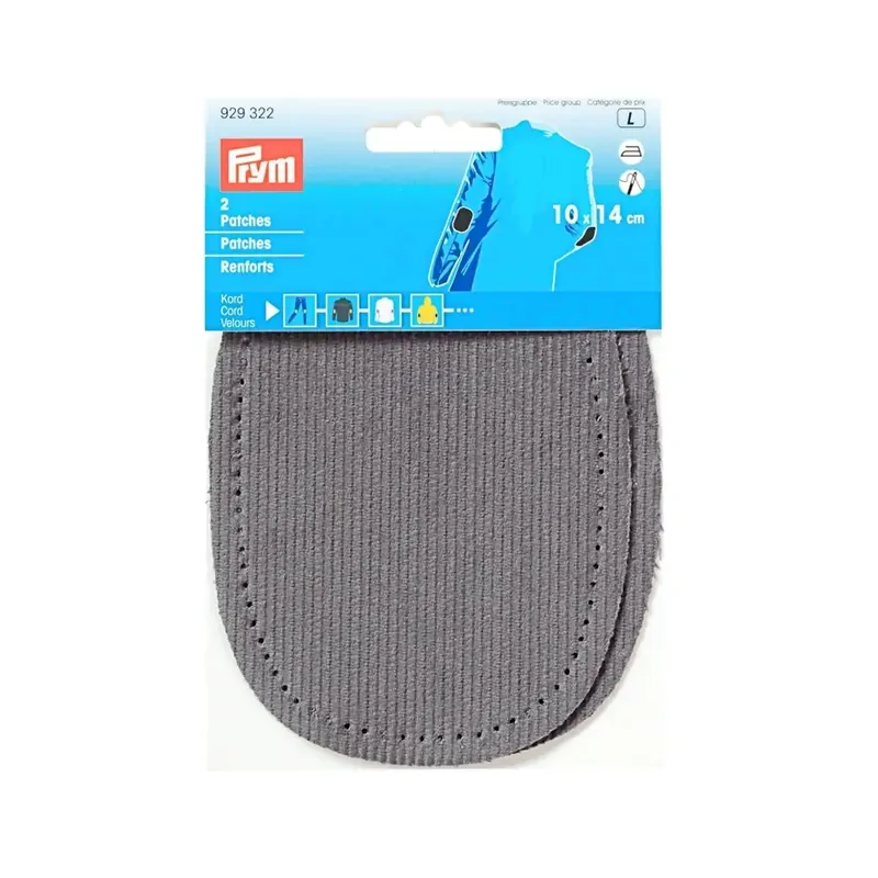 2 Reparatur Patches Kord grau für Knie & Ellenbogen oval 14x10cm aufbügelbarer Cord Flicken Handgefertigt