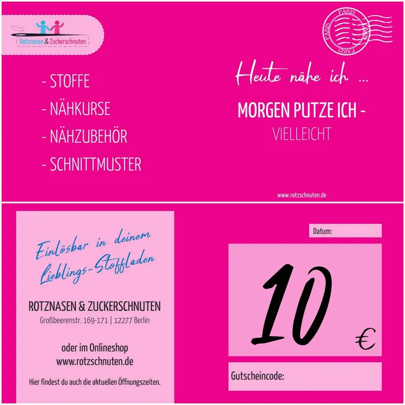 GUTSCHEIN – als Karte per Post – für Stoffe Nähkurs oder Coaching Knallerangebot