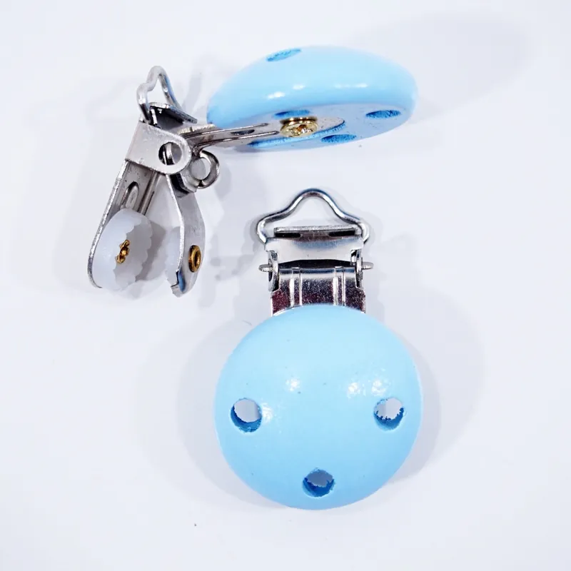 Direktkauf Schnullerketten Clip Holz hellblau – für Nuckel und Kinderwagenketten & Hosenträger