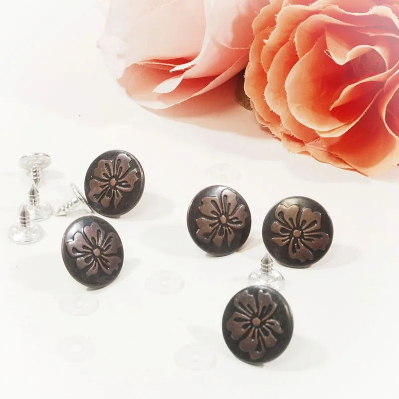 Jeansknopf aus Metall mit Blüte altkupfer– Ø15mm mit Niete Knopf Neue Ware