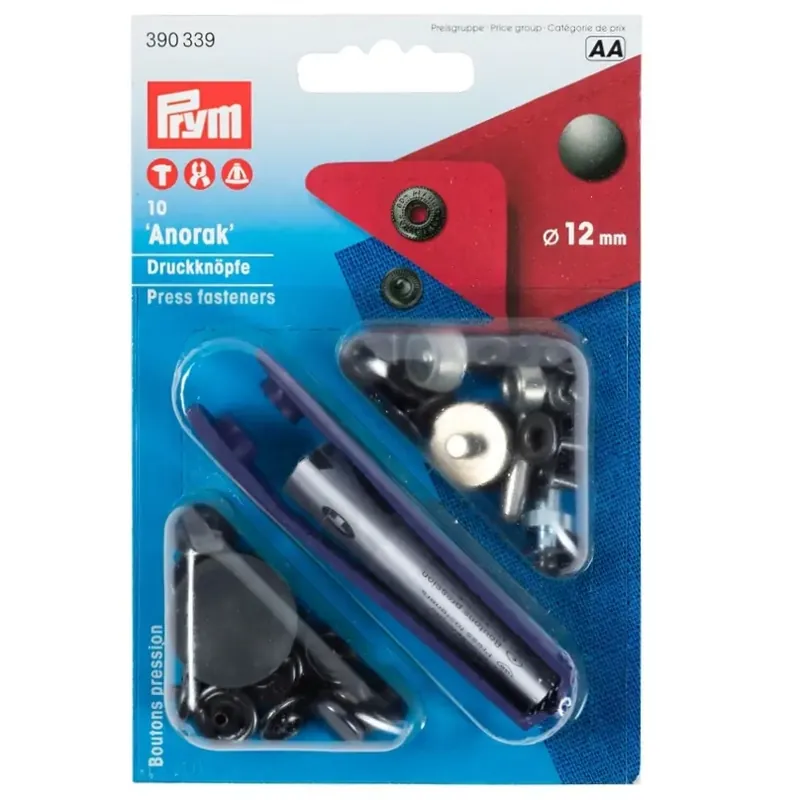 10 Anorak Druckknöpfe PRYM – 12mm schwarz mit Werkzeug Preisreduziert