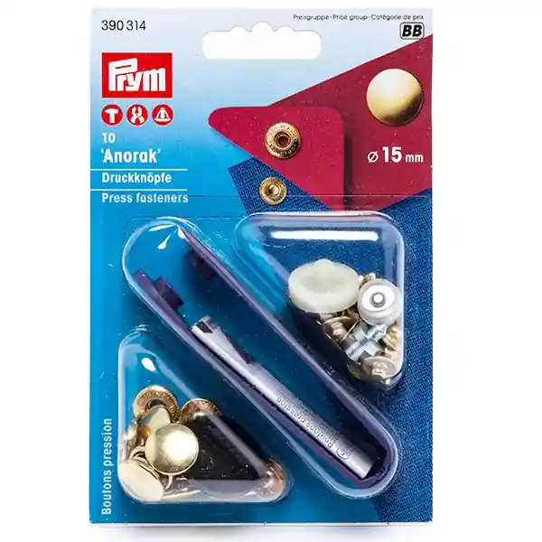 Top-Angebot 10 Anorak Druckknöpfe PRYM – 15mm gold mit Werkzeug