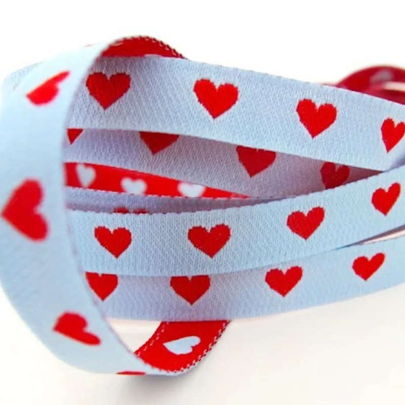 Webband HERZCHENBAND Herzen blau rot– 0,7cm breit beidseitig Farbenmix Highlight