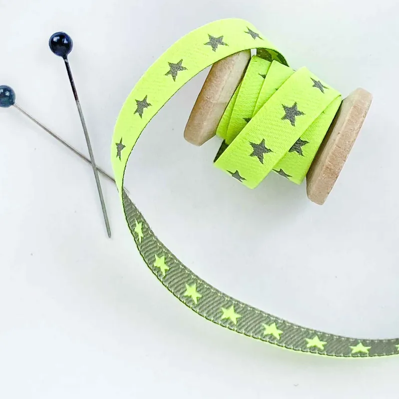 Webband STERNCHENBAND Sterne neon gelb grau– 0,7cm breit beidseitig Farbenmix Wochenendangebot
