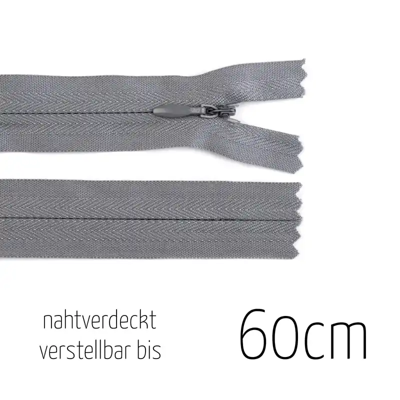Reißverschluss nahtverdeckt grau bis 60cm lang – individuell verstellbar nahtfein für Röcke und Rabatt