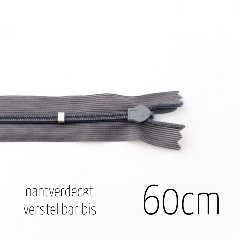 Reißverschluss nahtverdeckt grau bis 60cm lang – individuell verstellbar nahtfein für Röcke und Klei Rabatt