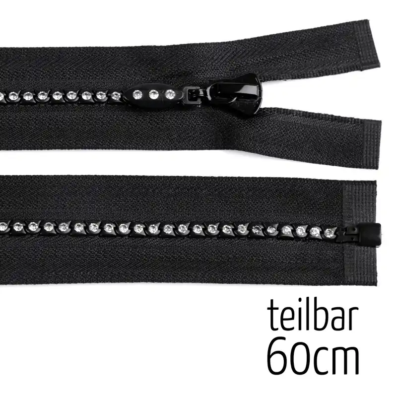 Reißverschluss Profil 5mm mit Strass Steinen schwarz teilbar 60cm lang für Jacken Handgefertigt