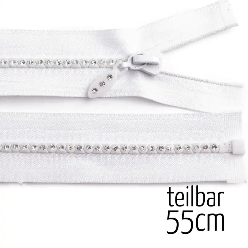 Jetzt Zugreifen Reißverschluss Profil 5mm mit Strass Steinen weiß teilbar 55cm lang für Jacken