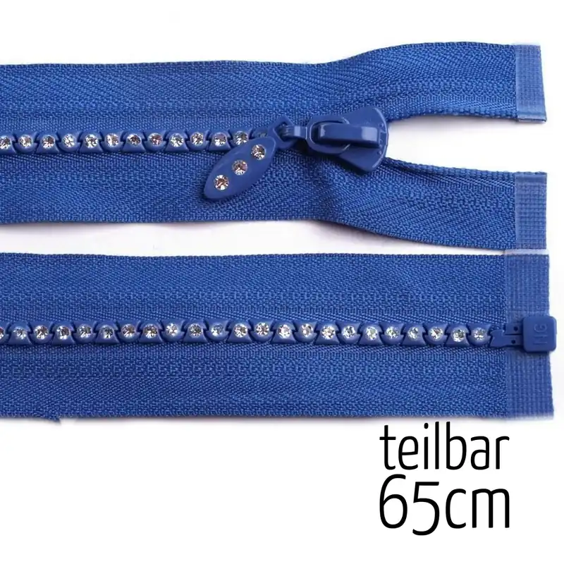 Echt Reißverschluss Profil 5mm mit Strass Steinen blau teilbar 65cm lang für Jacken