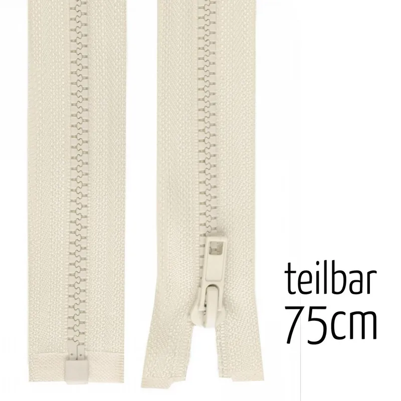 Handgefertigt Reißverschluss Profil 5mm mandel creme teilbar 75cm lang für Jacken und Westen