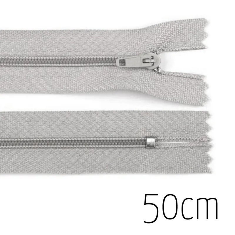 Handgefertigt Reißverschluss hellgrau 50cm lang nicht teilbar für Taschen & Mäppchen – Spiralreißverschluss 3mm