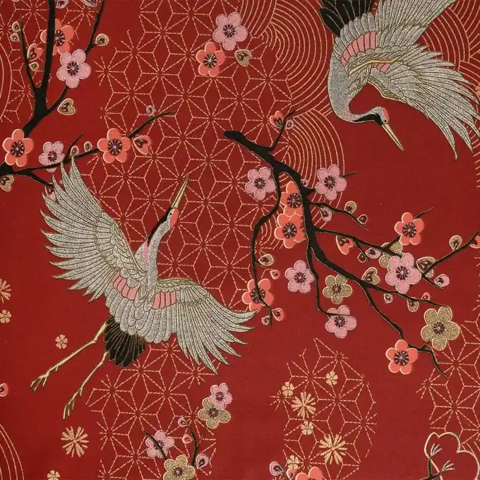 Dicker Baumwollstoff Blumen und Kraniche rot und gold Abverkauf