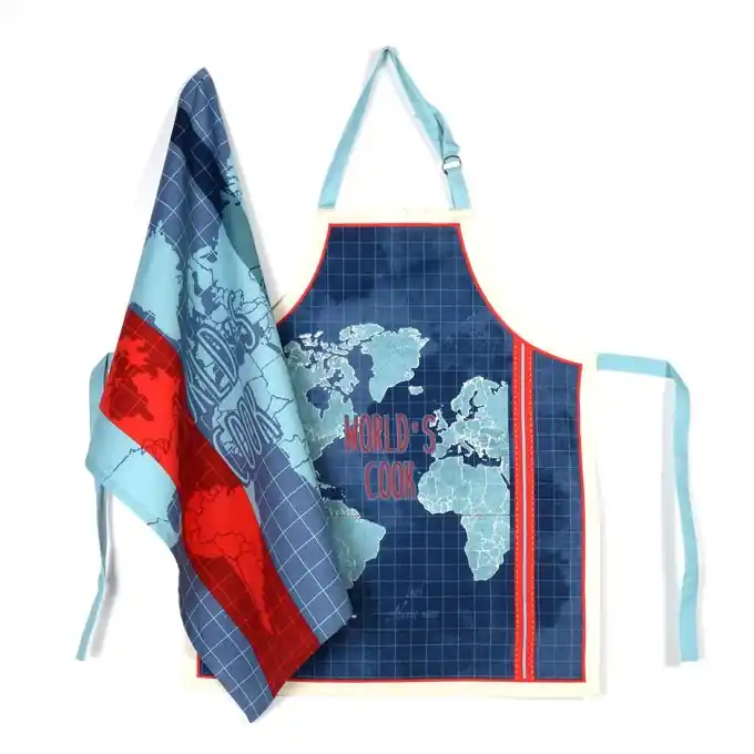 Neue Kollektion Schürze und Geschirrtuch-Set Maps blau