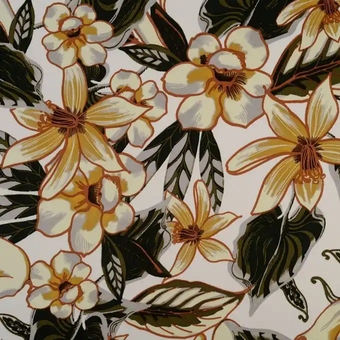 Billig Satin Baumwollstoff Blumen ockerfarben weiss