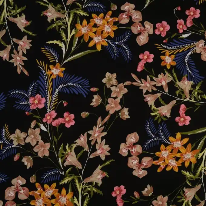 Top-Angebot Viskosestoff Schwarz Bunte Blumen 140 cm Breite