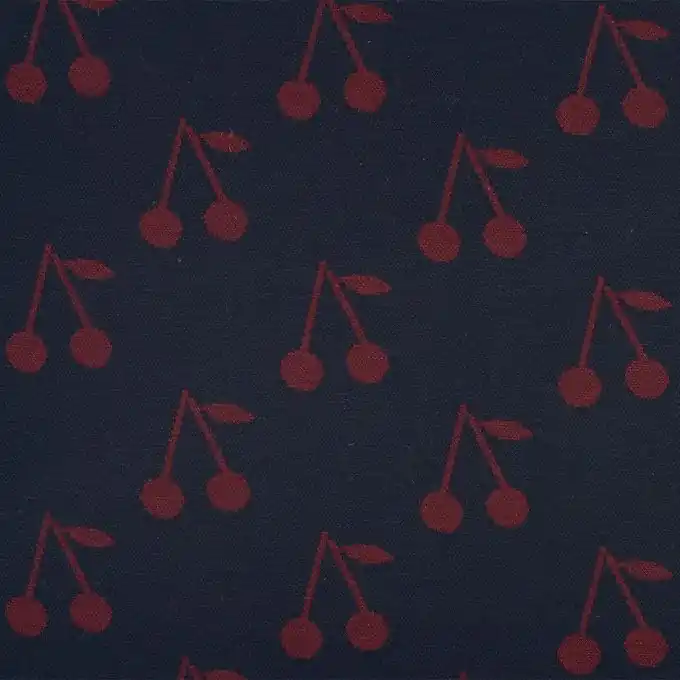 Marineblauer Maschenstoff mit roten Kirschen 140cm Breite Sonderangebot
