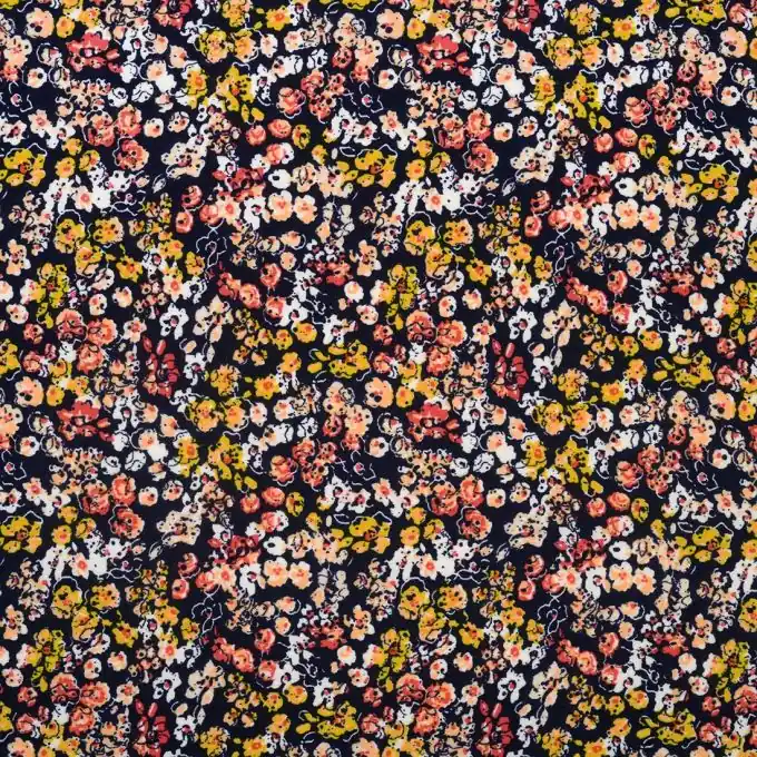 Marineblauer Crêpe-Stoff mit orangen & rosa Blumen, 145 cm Breite Top-Qualität