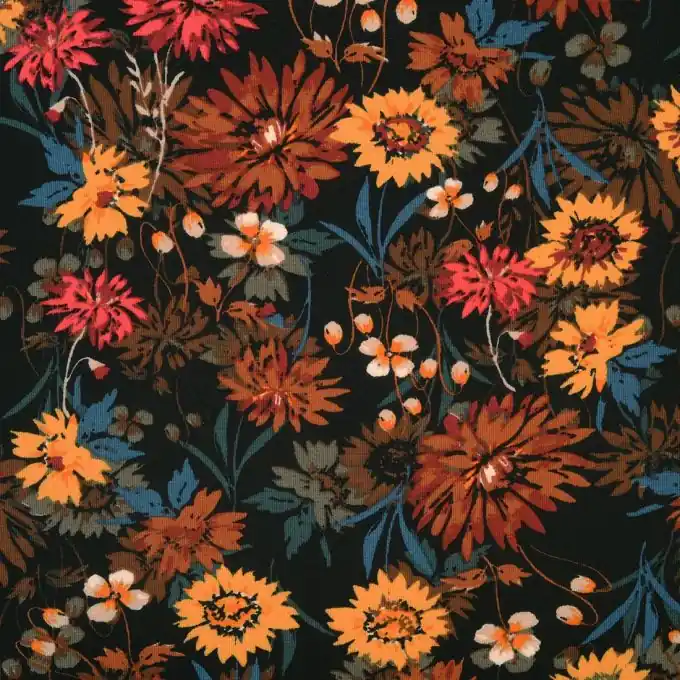 Premium Crêpe-Stoff Schwarz Buntes Blumenmuster 145 cm Breite