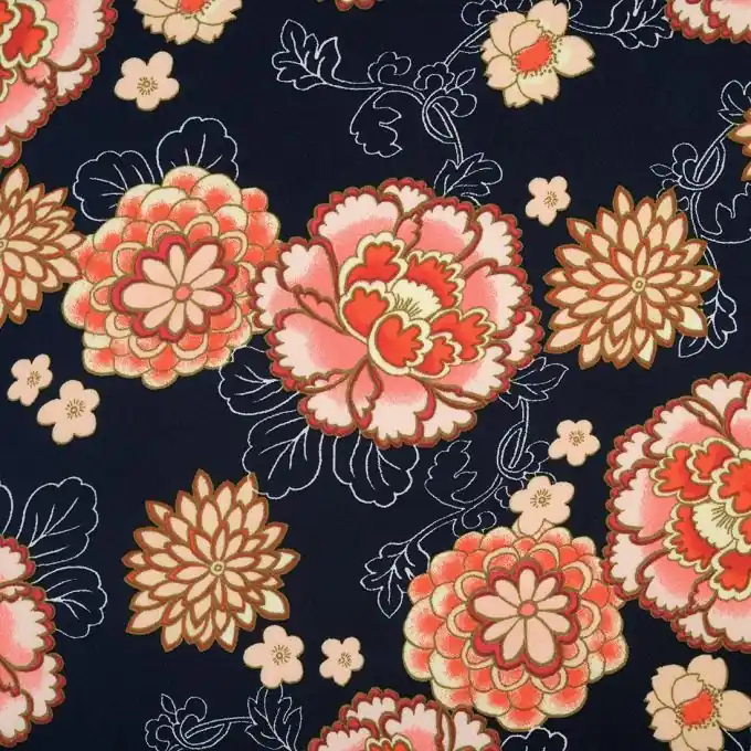 Satinierter Voile Stoff Marine mit rosa Japanblüten 145cm Solange Der Vorrat Reicht